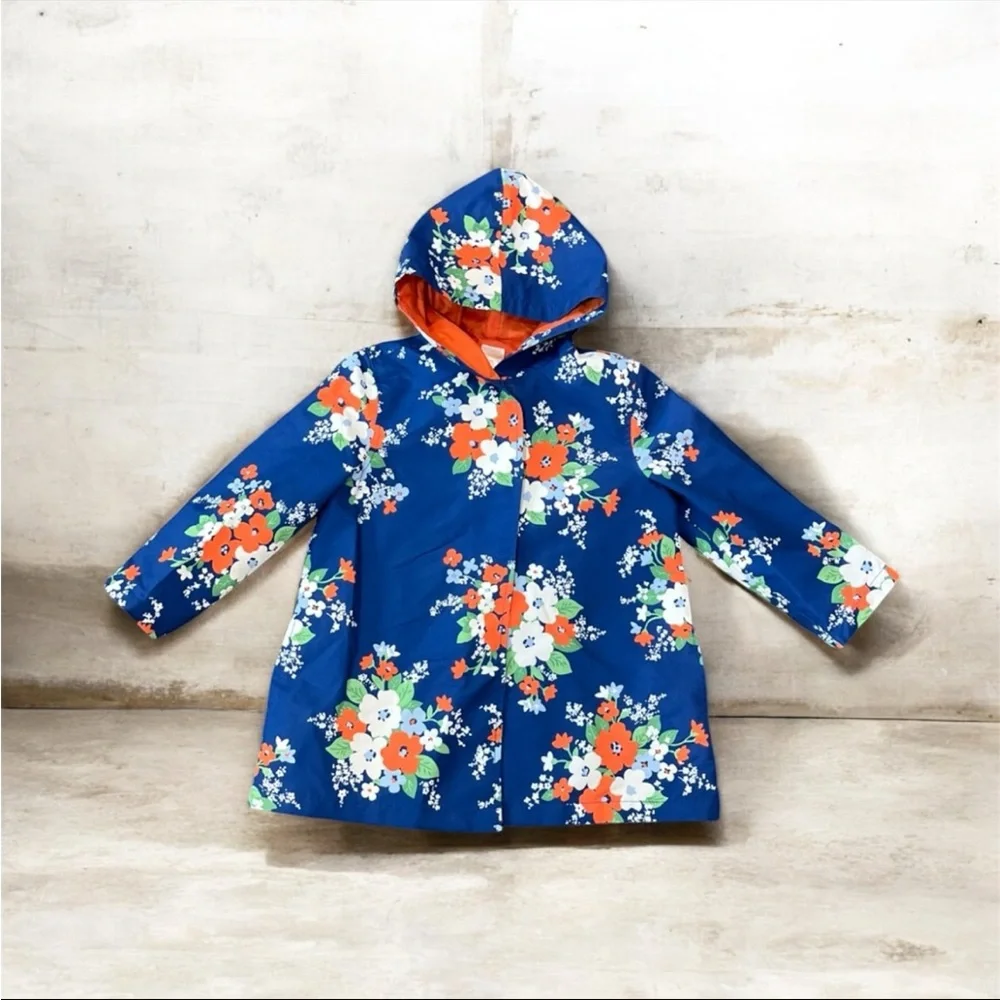 GYMBOREE Hooded Rain Jacket Windbreaker Blue Orange Floral Girls XS 3-4